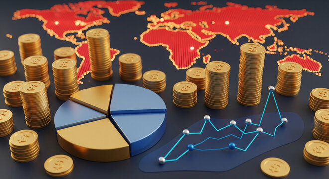 Global finance concept with stacks of gold coin, pie chart, and line graph illustrating world economy growth and investment strategy