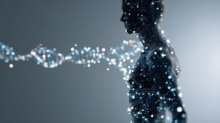 A clean conceptual image of a human silhouette surrounded by floating gene icons and circuit diagrams representing data driven biology