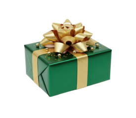A green and gold gift box with a gold bow and gold accents on a white background.