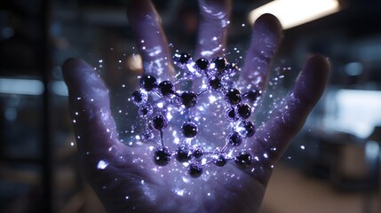 A hand immersed in a holographic molecular simulation futuristic lab illumination