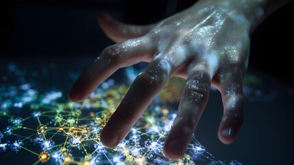 A hand immersed in a holographic molecular simulation futuristic lab illumination