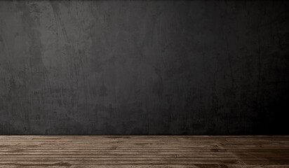 Empty Industrial Loft Room Interior Background Template. Rough Black Concrete Cement Wall Texture Backdrop. Vintage Weathered Wood Floor Planks. Urban Modern Design Blank Copy Space Banner Concept.