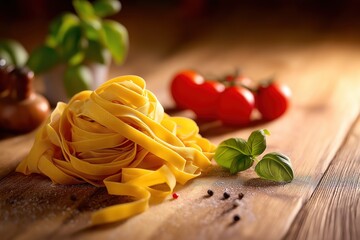 Close-up of traditional fettuccine pasta with basil and tomato on wood. Italian food concept for recipe book or cooking website background.