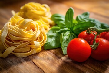  Fresh fettuccine pasta on wooden table with tomato and basil, close-up. Italian cooking concept for food styling or culinary blog content.