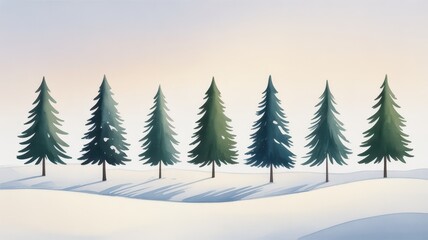 Fototapeta premium Set of 7 green pine trees on snowy landscape