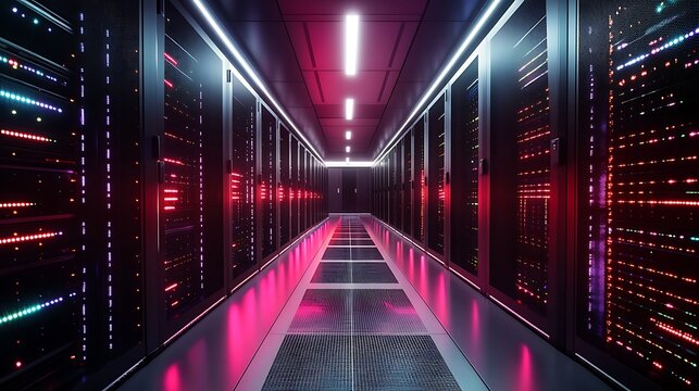 Modern server room with vibrant lights for data storage and network infrastructure solutions for cloud computing solutions