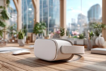 Vr headset on desk with blank ui display floating in front modern tech environment