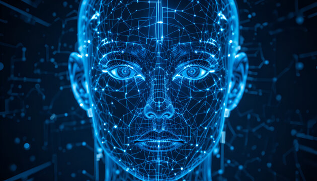 Digital human face with blue glowing lines and dots representing artificial intelligence concept - Powered by Adobe