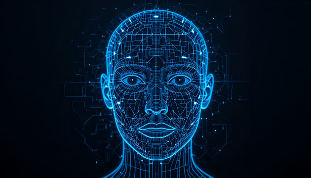 A glowing blue wireframe of a human face on a black background representing technology and ai