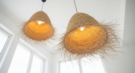 Two stylish bohemian pendant lamps with natural woven rattan shades and fringe details hang from the ceiling, creating a cozy and warm ambiance in a modern room