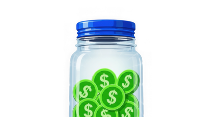 A clear glass jar filled with green coins featuring dollar signs, with a blue lid