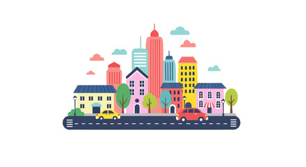 Obraz premium Vibrant cityscape illustration with colorful buildings, cars, and whimsical cloud accents