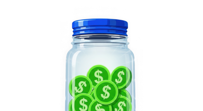 A clear glass jar filled with green coins featuring dollar signs, with a blue lid