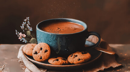 Cozy still life, delicious hot chocolate drink with cookies on a plate, perfect for a relaxing moment. A warm mug of autumnal beverage sits beside a plate of chocolate chip cookies, comforting scene.
