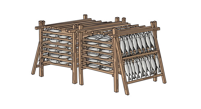 Hand drawn illustration of fish preservation on wooden racks.