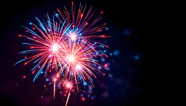 Celebratory fireworks display night sky digital art vibrant colors aerial view joyful atmosphere - Powered by Adobe
