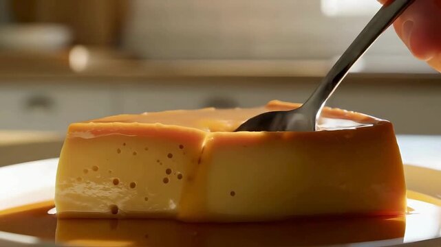 Close up spoon scooping soft creamy caramel custard flan pudding dessert