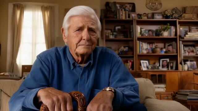 Elderly Man Sitting in Living Room with Walking Stick
