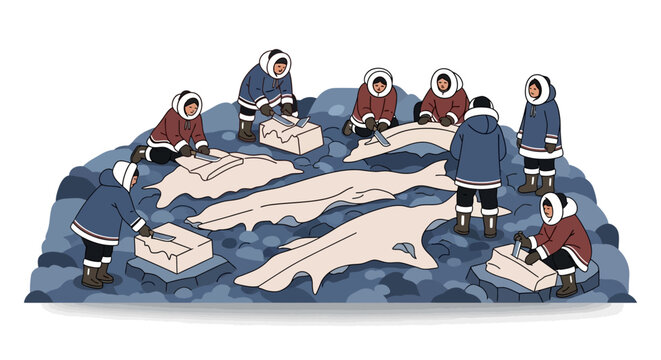 Inuit people preparing fish on ice in traditional attire.