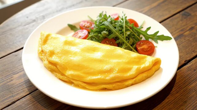 A plate of food with a large omelet and a side of salad. The plate is on a wooden table