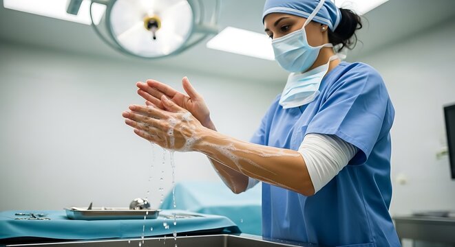 Surgeon preparing for surgery in operating room.