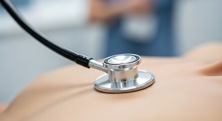 Close-up of a doctor using a stethoscope to examine a patients chest.