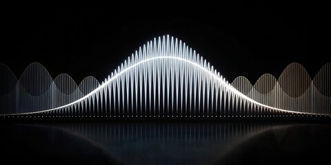 Gaussian bell curve visualization with light painting effect on a dark background reflecting below