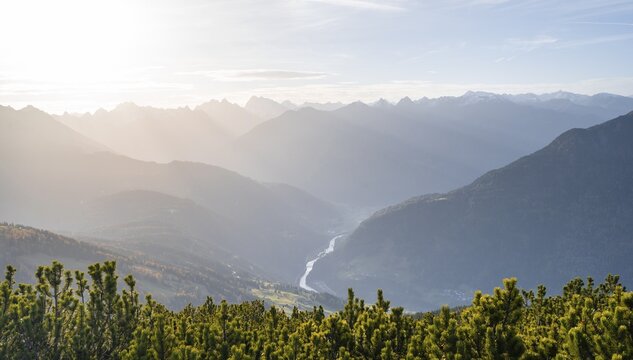 View of mountain panorama into the Upper Inn Valley in the morning light, Krahberg on the Venet, &Ouml;tztal Alps, Tyrol, Austria