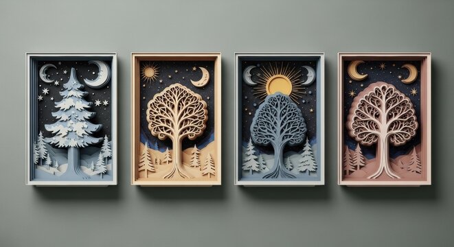 A collection of four framed, three-dimensional papercraft artworks depicting intricate trees and celestial night scenes with the sun, moon, and stars in a layered diorama style