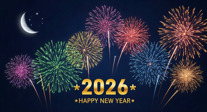 Elegant New Year 2026 design with sparkling numbers and colorful fireworks in a festive night sky. - Powered by Adobe
