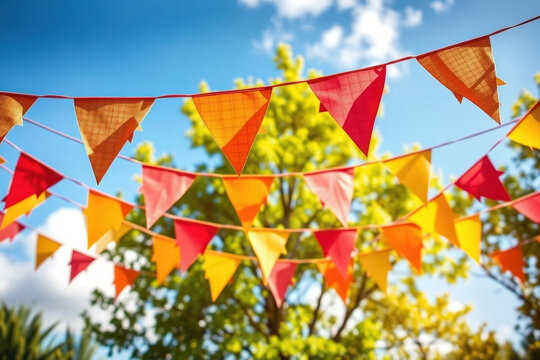 Colorful Bunting Flags Under Blue Sky