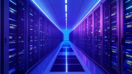 Modern data center filled with servers for cloud computing and data storage solutions under blue neon lights