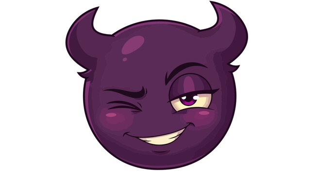 Cartoon purple devilish face with winking expression and small horns illustration