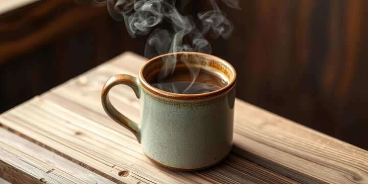 Steaming coffee in rustic mug on weathered wood, cup of coffee, espresso