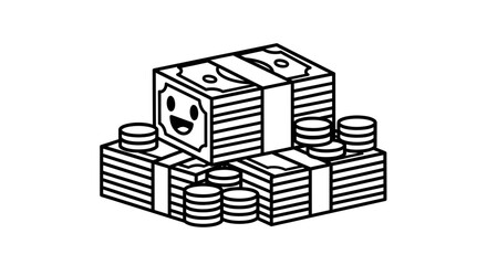 Cartoonish illustration showing stacks of cash and coin with a joyful expression displayed