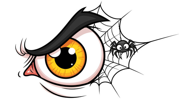 Cartoonish creepy glaring eye alongside a perched spider within its spooky web design