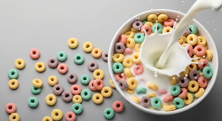 Colorful cereal with milk splash in a bowl, breakfast concept