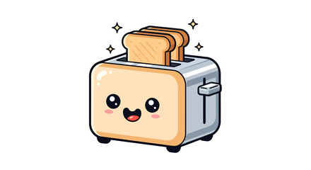 Cheerful toaster with kawaii face and sparkling fresh toast, illustration for kitchenware
