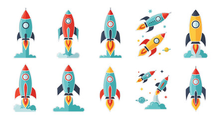 Collection of colorful cartoon rocket ships taking off against a white backdrop