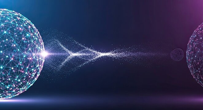 Two glowing spheres with intricate patterns and glowing particles in a dark, ethereal space.