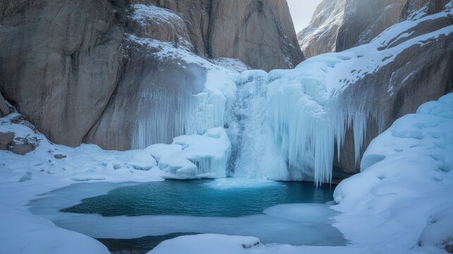 Frozen waterfall in winter landscape - Powered by Adobe
