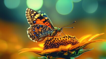 Close-up of colorful butterfly on sunflower