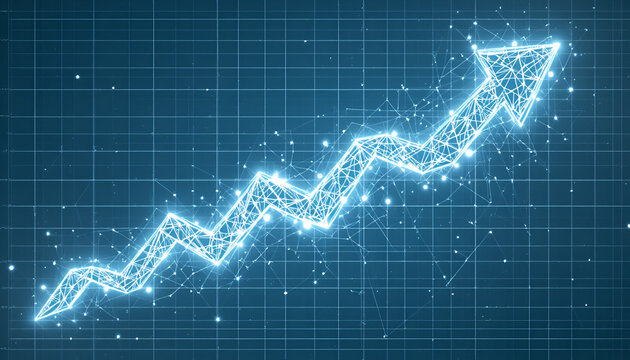 A glowing arrow pointing upwards on a blue grid background representing growth and success trend