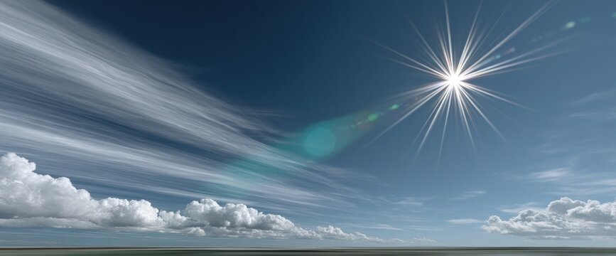 Bright sunburst over a serene landscape with wispy clouds and calm water reflecting sunlight - Powered by Adobe