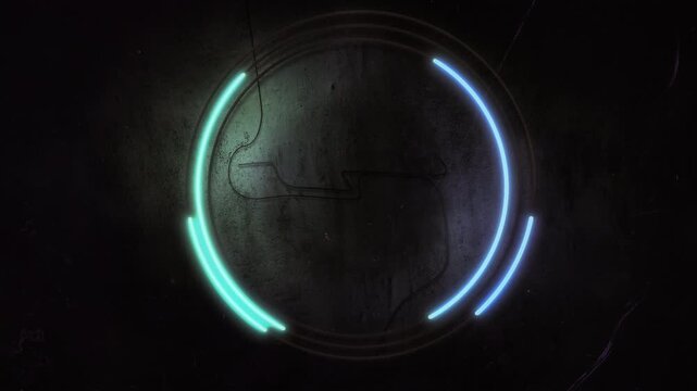 vivid neon ring pulsates against aged metallic backdrop creating scifi mood