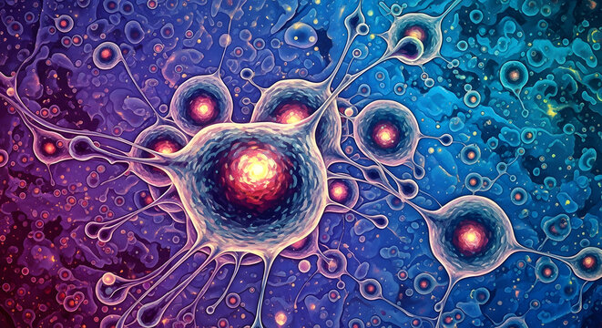 Illustration of nerve cells network with glowing nucleus abstract scientific background