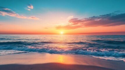 Stunning sunset over tranquil ocean waves creating a peaceful beach scene perfect for vacation inspiration or mindfulness promotion