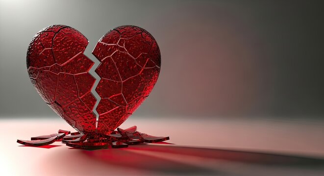 A shattered red glass heart on a dark background. - Powered by Adobe