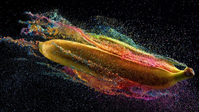Colorful banana explodes in vibrant spray