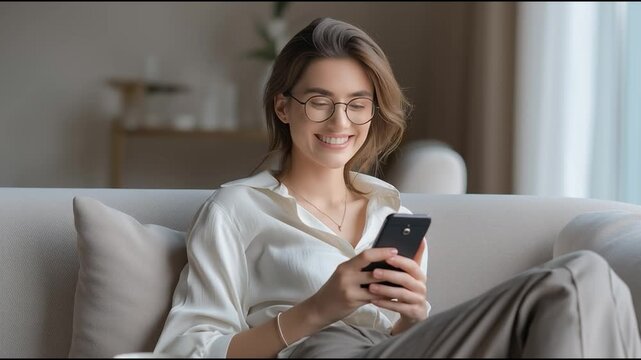 A young woman relaxes on a sofa, browsing her smartphone with a coffee cup nearby in a modern, cozy living room.